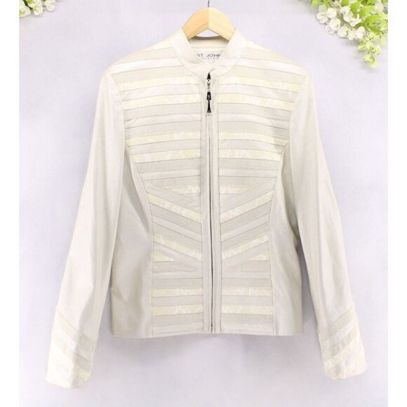 St. John Jackets & Blazers - St. John Women's Leather Jacket White/Off White Stunning Full Zip Sz 8
